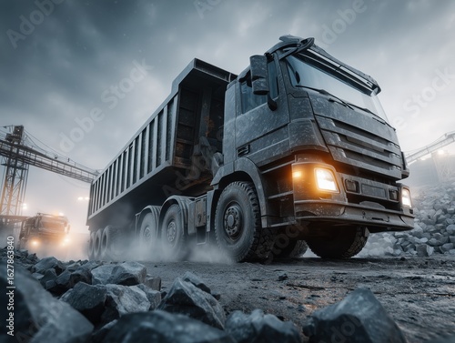 Heavy dump truck moving on gravel road at industrial mining site under overcast sky

