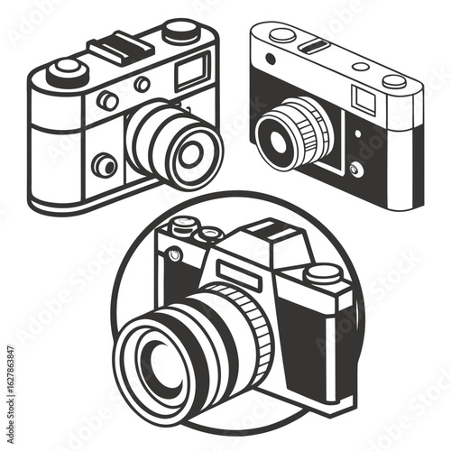 Three vintage cameras with one enclosed in a circular frame on a cream background retro camera photography