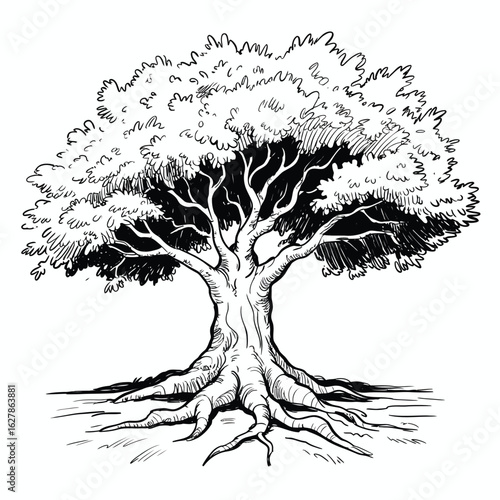 Detailed black and white sketch of a large ancient oak tree with exposed roots