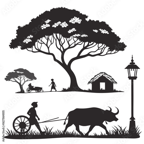 Rural village scene with bullock cart tree hut and motorbike