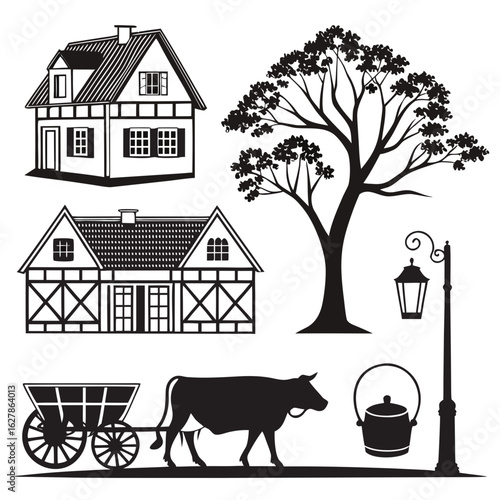 European village scene with half-timbered houses cow cart and lantern