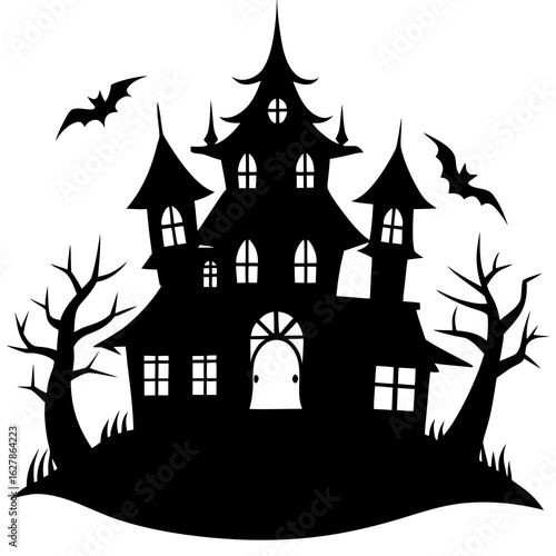 Wallpaper Mural Black silhouette of a haunted house with bats and bare trees on a white background Halloween Torontodigital.ca
