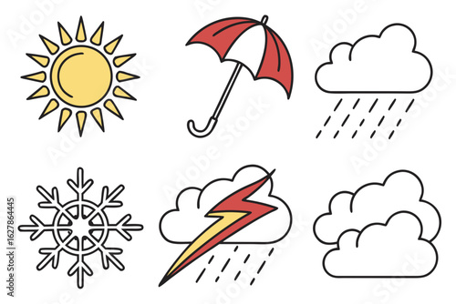 Collection of weather icons including sun, clouds, rain, snow, and lightning
