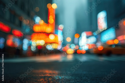 Blurry New York City street scene at night