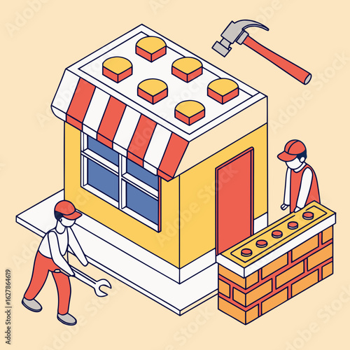 Two construction workers building a store with a hammer and wrench in isometric view shop
