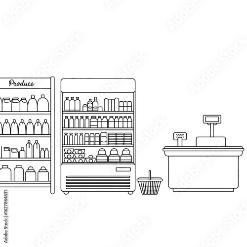 Black and white line drawing of a grocery store checkout counter and refrigerators