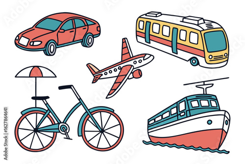 Collection of various modes of transport including car, bus, plane, bike, and boat