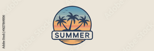 Summer Tropical With Palm Trees Silhouette, Blue Sky and Birds for Vacation or Logo