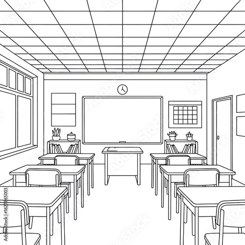 Empty classroom with desks and whiteboard in sketch style