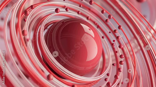 Glossy red spheres and flowing strands in a soft pink abstract environment