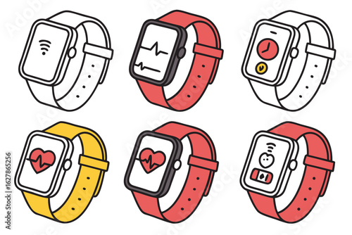 Collection of six smartwatches with different displays and colored bands isolated on white background