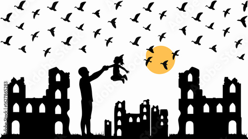 Silhouette of a father holding a child in the air with birds flying over ruins and a yellow sun in the sky