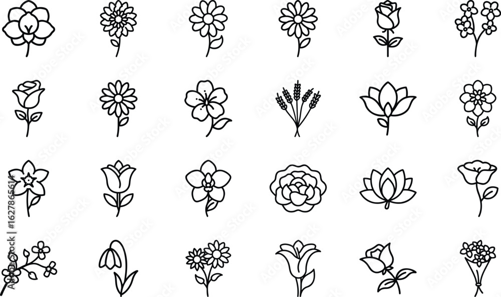 Fototapeta premium Bundle of 24 Hand-Drawn Flower Icons – Minimalist Floral Vector Set for Design, Tattoo, Logo, and Decorative Use