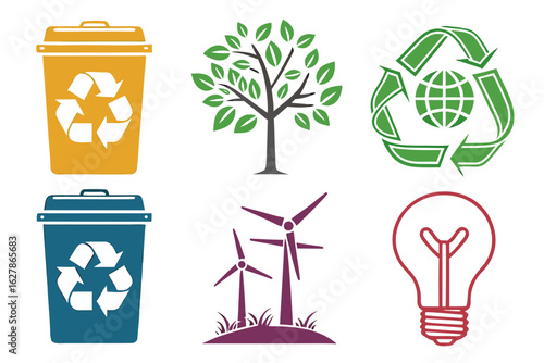 Set of ecofriendly icons including recycle bins, tree, wind turbines, and light bulb