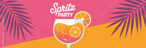 Spritz Party Illustration with Cocktail, Orange Slices, Ice Cubes, Purple Palm Leaves, and Colorful Background