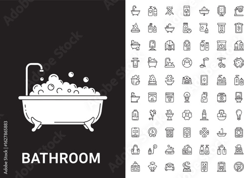 Vector art of collection of bathroom icons and a bathtub with bubbles, representing hygiene, relaxation, and home comfort, all in a clean, modern style