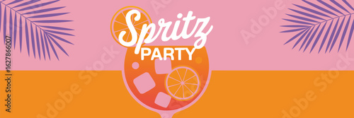 Bright Spritz Party with Orange Cocktail, Ice, and Palm Leaves on Pink Background