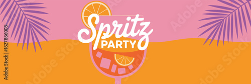 Colorful Spritz Party Illustration with Palm Leaves, Orange Slice, and Modern Design