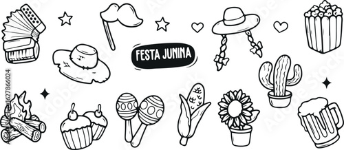 Festa Junina Doodle Set – Traditional Brazilian Festival Icons, Party Hat, Firework, Accordion, Flag Banner, Celebration Sketch, Cultural Theme, Hand Drawn Elements, Minimal Black and White Art, Line 
