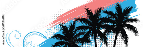 Black Palm Trees Silhouettes with Blue Swirls and Pink Strokes on a White Background