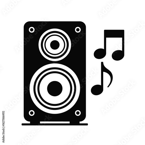 Black silhouette of a speaker with musical notes