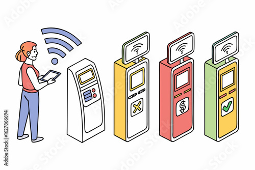 Woman using tablet to interact with modern payment kiosks isolated on white background