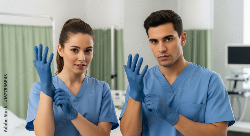 Fototapeta premium Portrait of medical team between a man and woman in blue scrubs, confidently put on sterile gloves in a hospital
