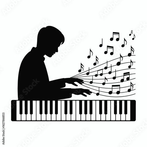 Silhouette of a person playing a piano with musical notes flowing out