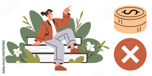 Young woman seated on stacked books, gesturing thoughtfully, surrounded by plants, with a coin stack representing funds and a large cross indicating rejection. Ideal for education, finance, choices