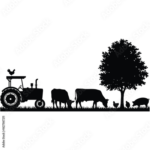 Farm silhouette with tractor cows pig chicken and tree