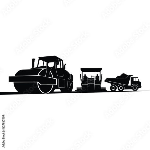 Silhouette of road construction vehicles including a roller paver and dump truck