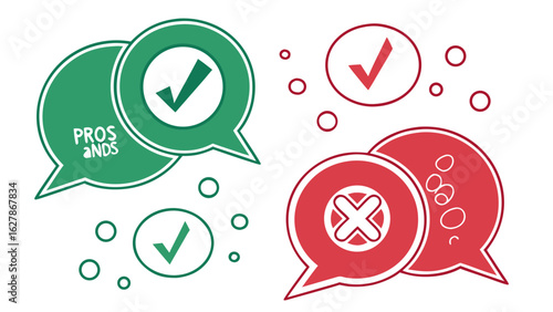 Pros and cons illustration with green check marks and red x marks in speech bubbles on white background