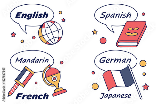 Illustration of different languages english, spanish, mandarin, french, german, japanese