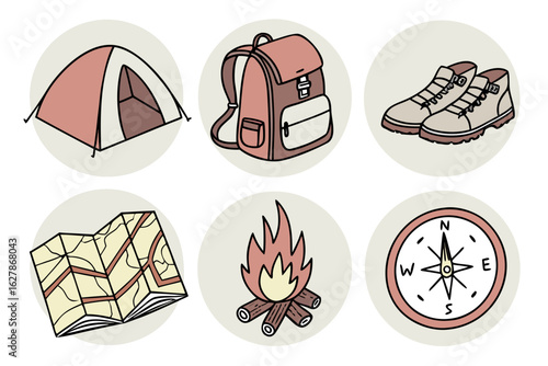 Set of camping and hiking icons including tent, backpack, boots, map, fire, and compass
