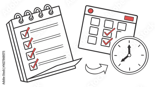 Checklist and calendar with clock showing time management and planning for task completion and deadlines