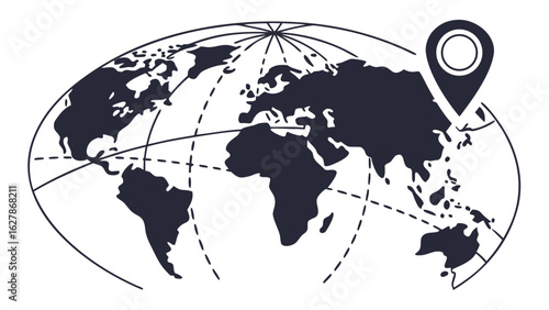 World map projection with continents and dashed lines and a location pin on the right side of the map