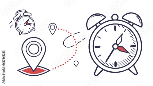 Alarm clocks and location pins connected by dotted lines in a hand drawn style illustration