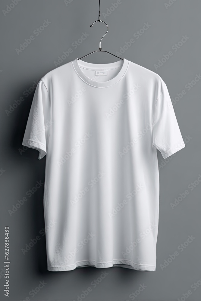 Blank white t-shirt hangs on a metal hanger against a muted gray backdrop Blank white t-shirt hangs on a metal hanger against a muted gray backdrop