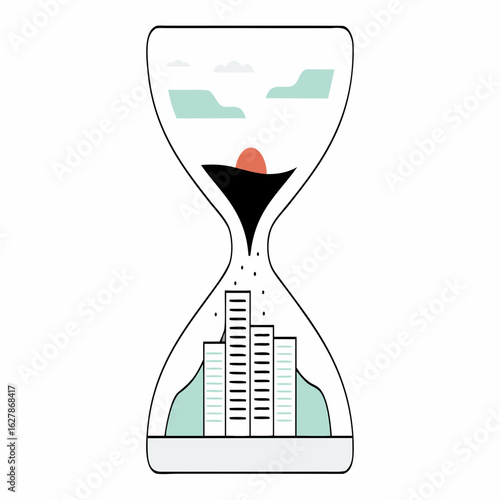 Close up of hourglass with sand flowing, symbolizing time passing and patience in minimalistic setting