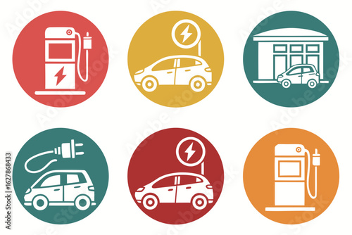 Electric car charging icons and symbols for sustainable transport