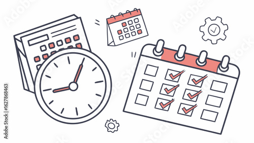 Illustration depicting time management with a clock calendars and a gear representing scheduling tasks