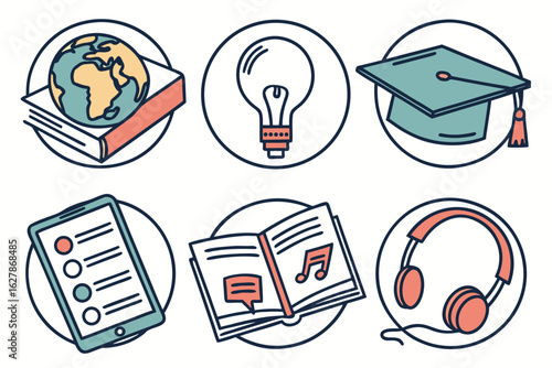 Set of education and learning icons isolated on white background