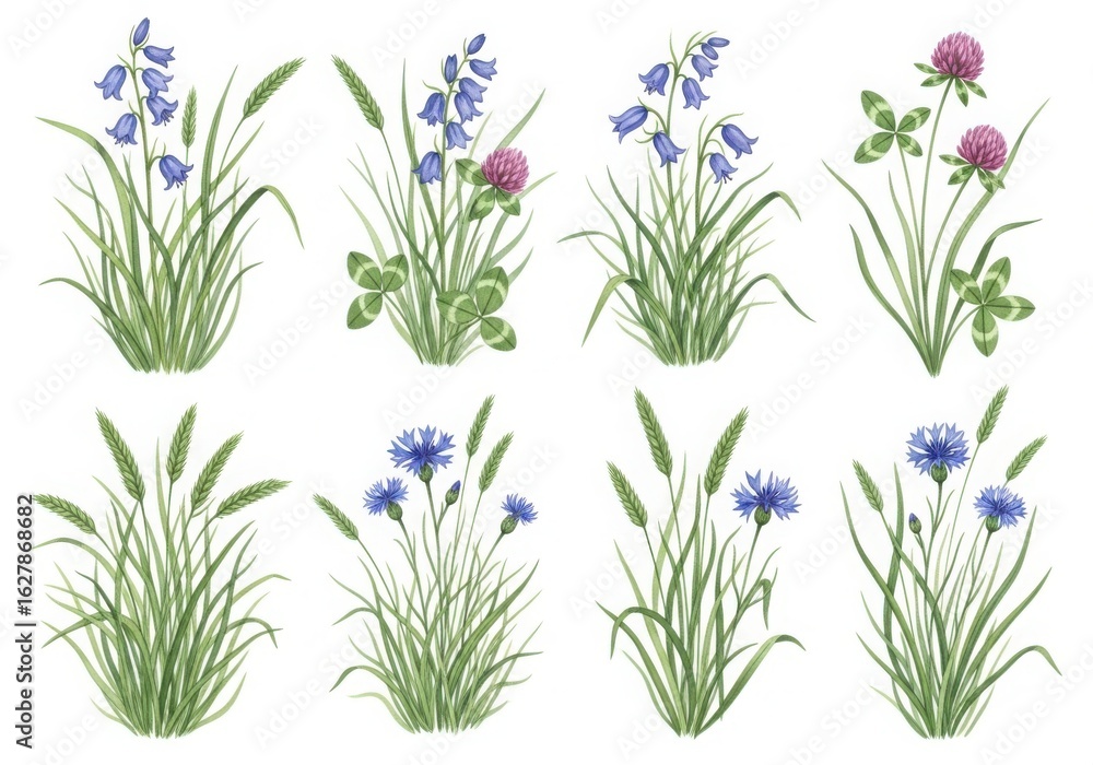 Obraz premium Watercolor painting of wildflowers and grasses isolated on white background
