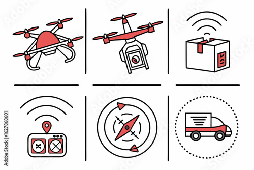 Drone technology icons delivery, navigation, and control elements isolated on white background