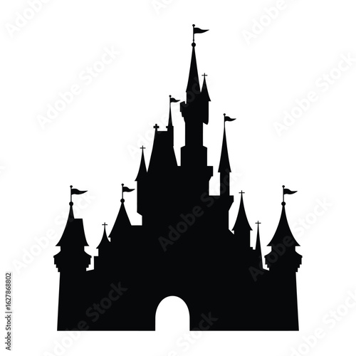 Classic fairytale castle silhouette with tall spires and flags