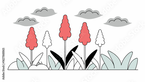 Group of vibrant red hot poker flowers blooming under cloudy sky in minimal flat style illustration