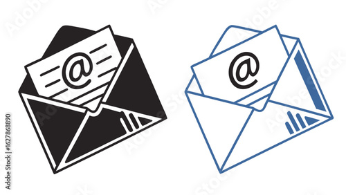 Two envelopes with at symbol on letter in black and blue outline representing email communication