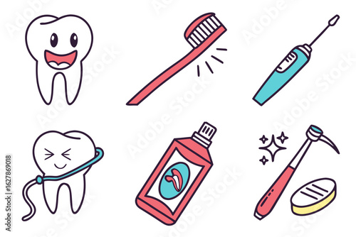 Set of cartoon dental hygiene items and happy teeth isolated on white background