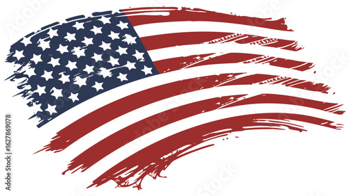 American flag in a brush stroke style with red stripes and blue field with white stars illustration
