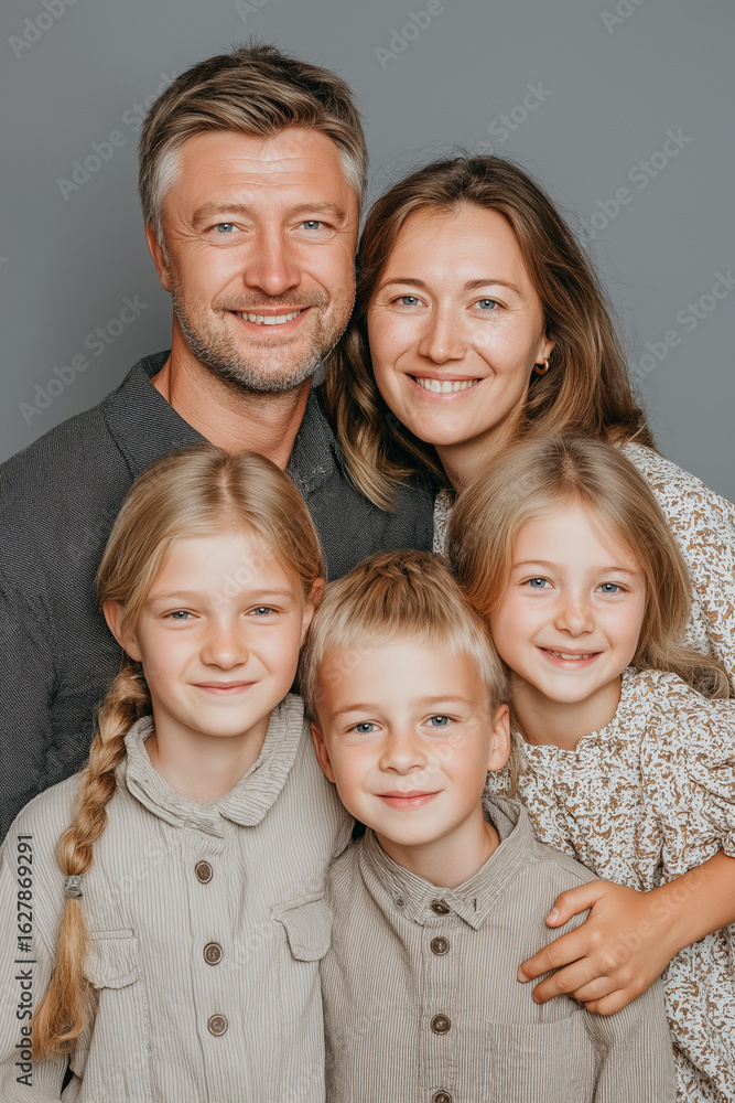 Happy Family Lying On The Floor Together Smiling At The Camera: Parents With Young Children Wearing Cozy Sweaters In Warm And Loving Moment Happy Family Lying On The Floor Together Smiling At The Camera: Parents With Young Children Wearing Cozy Sweaters In Warm And Loving Moment